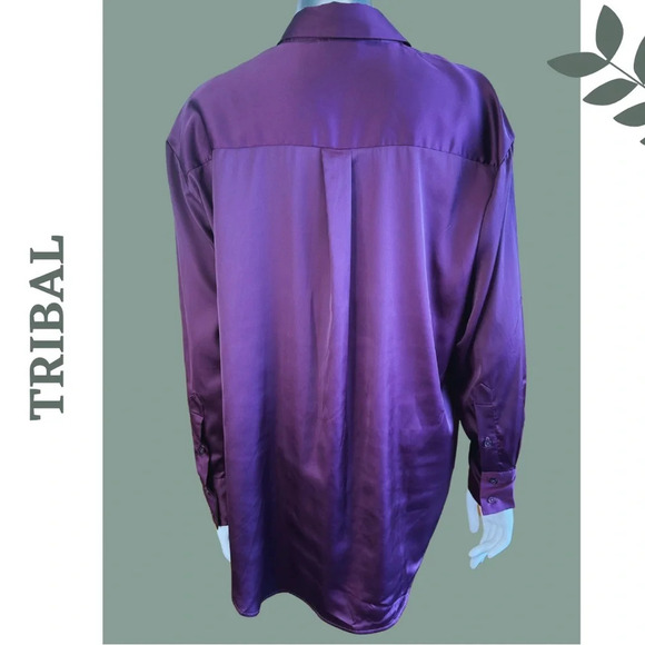 Tribal Black Orchid Long Sleeve Button Down  Satin Shirt Purple Collared - Picture 5 of 9